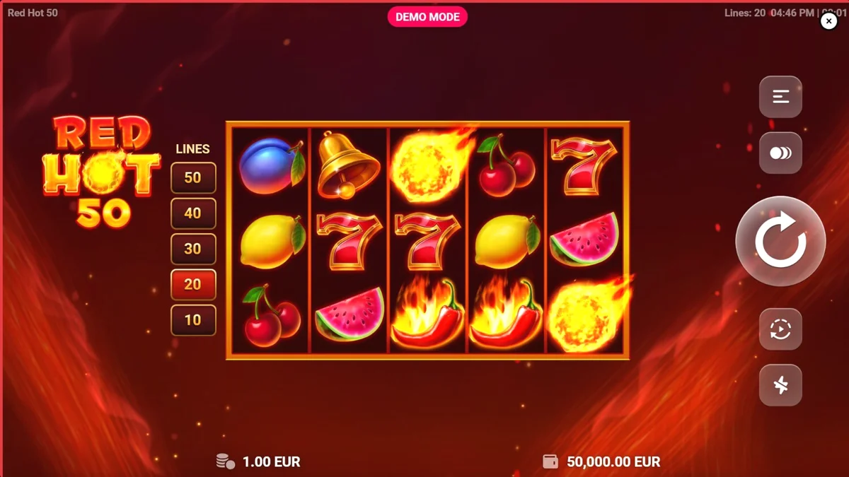 Interface do jogo Red Hot 50 com símbolos de frutas em chamas