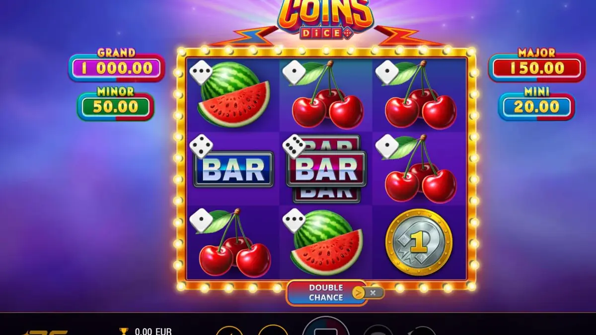 Interface do jogo Magnetic Coins Dice com símbolos metálicos e moedas brilhantes