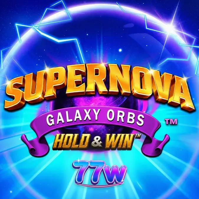 Captura de tela do jogo Supernova Galaxy Orbs Hold & Win, mostrando a grade de 5 rolos com símbolos espaciais e orbes brilhantes.